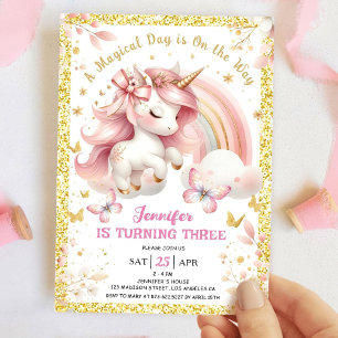 Invitation Licorne Fête d'anniversaire 3 ans Fille Rose Poudr
