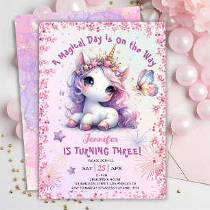 Invitation Licorne Fête d'anniversaire 3 ans Fille Rose Viole