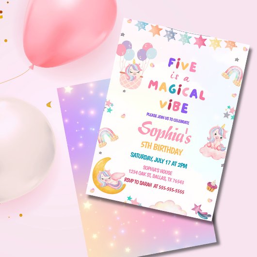 Invitation Licorne Five Is a Magical Vibe 5e Anniversaire