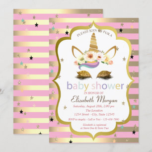 Invitation Licorne Fleurale Pailletée Or, Rayures Baby Shower