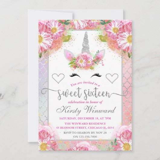 Invitation Licorne Fleurie Rose et Argent pour Douze Ans (Devant)