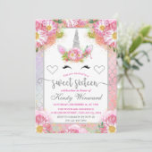 Invitation Licorne Fleurie Rose et Argent pour Douze Ans (Debout devant)