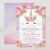 Invitation Licorne Fleurie Rose et Argent pour Douze Ans (Devant / Derrière)