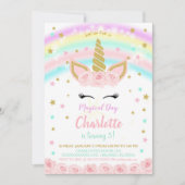 Invitation Licorne Fleurs Roses Arc-en-Ciel (Devant)