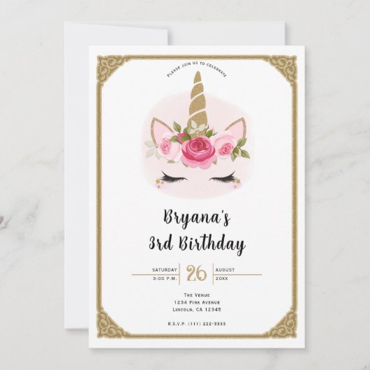 Invitation Licorne Fleurs Roses Or et Rose Anniversaire Fête  (Devant)