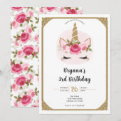 Invitation Licorne Fleurs Roses Or et Rose Anniversaire Fête  (Devant / Derrière)