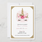 Invitation Licorne Fleurs Roses Or & Rose Anniversaire (Devant)