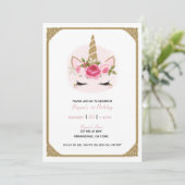 Invitation Licorne Fleurs Roses Or & Rose Anniversaire (Debout devant)