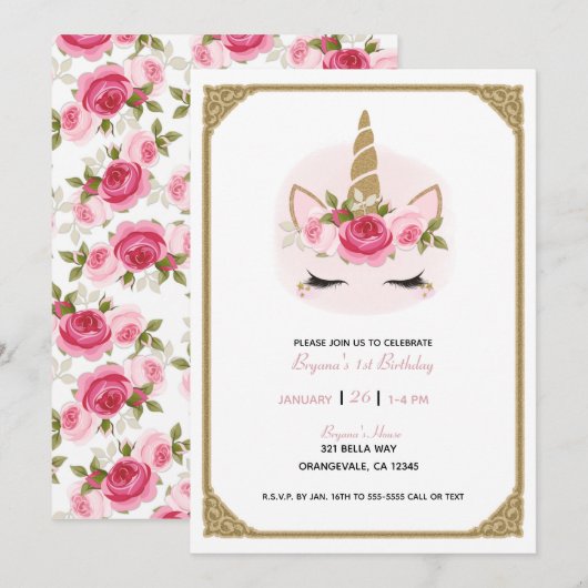 Invitation Licorne Fleurs Roses Or & Rose Anniversaire (Devant / Derrière)