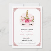 Invitation Licorne Fleurs Roses Or & Rose Fête d'anniversaire (Devant)