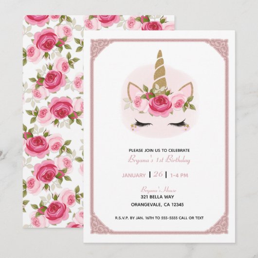 Invitation Licorne Fleurs Roses Or & Rose Fête d'anniversaire (Devant / Derrière)