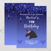 Invitation Licorne florale paillets bleus qui dégoulinent (Devant / Derrière)