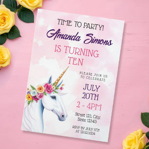 Invitation Licorne Florale Pastel Douce Fantaisie 10e Anniver