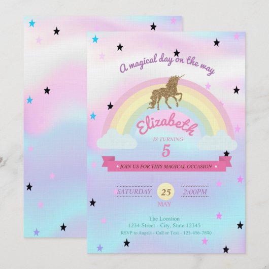 Invitation Licorne holographique,Invitation d'anniversaire ar (Devant / Derrière)