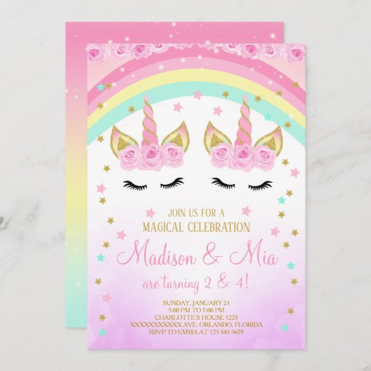 Invitation Licorne, Invitation Jumeaux Licorne (Devant / Derrière)