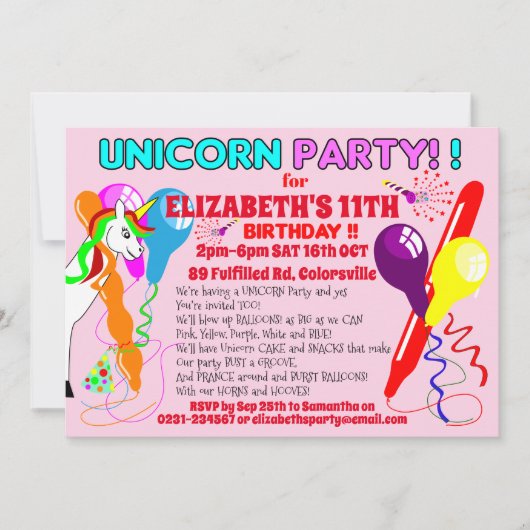 Invitation LICORNE licornes fête d'anniversaire fu (Devant)