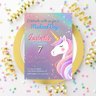 Invitation Licorne Magique 7e Anniversaire Thème Arc-en-ciel
