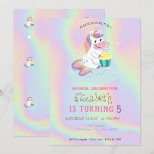 Invitation Licorne Magique Anniversaire Arc-en-ciel Holograph