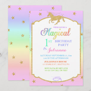 Invitation Licorne Magique Arc-en-Ciel & Paillettes Faux