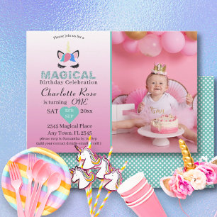 Invitation Licorne Magique Féminine Rose 1er Anniversaire