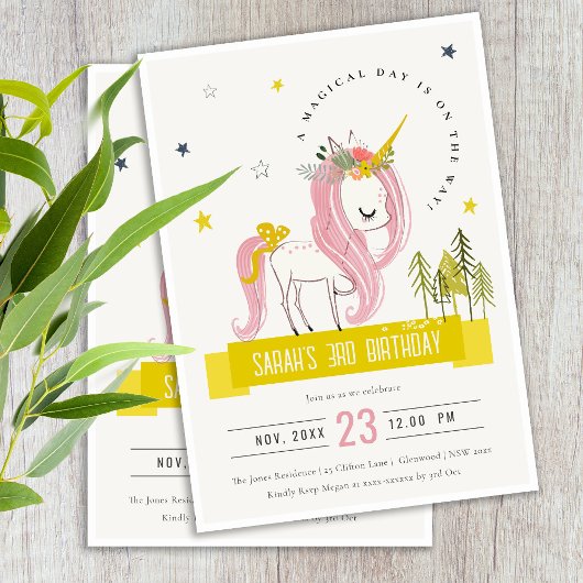 Invitation Licorne Magique Mignonne Anniversaire Enfants Rose