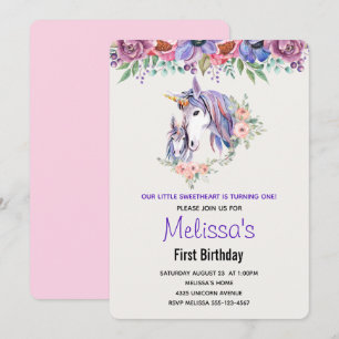 Invitation Licorne Maman & bébé Anniversaire à l'aquarelle