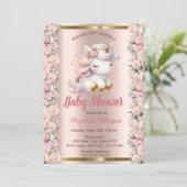 Invitation Licorne Mignonne Élégante Roses Or Rose Fête de Na (Debout devant)