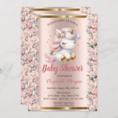 Invitation Licorne Mignonne Élégante Roses Or Rose Fête de Na (Devant / Derrière)