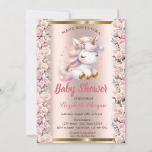 Invitation Licorne Mignonne Élégante Roses Or Rose Fête de Na