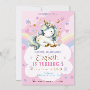 Invitation Licorne Mignonne Étoiles Arc-en-Ciel Cœurs Anniver