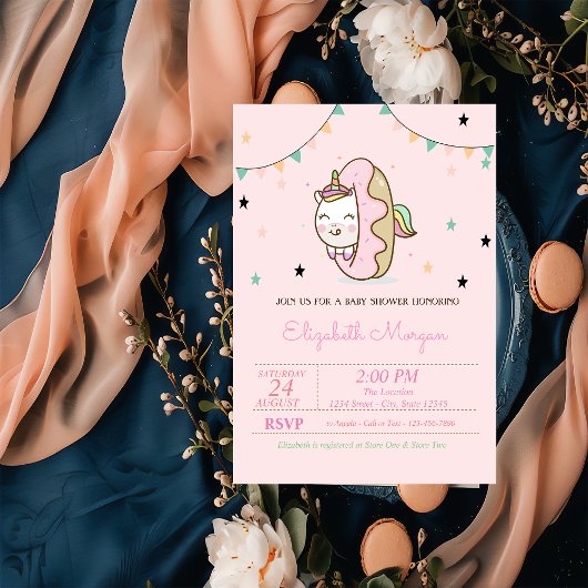 Invitation Licorne Mignonne, Fête Prénatale Donuts
