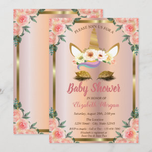 Invitation Licorne Pailletée Or Rose Doré Baby Shower