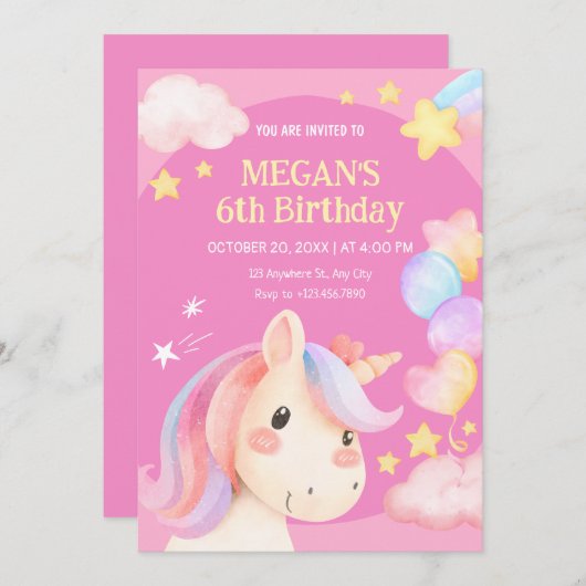 Invitation Licorne pastel aquarelle  (Devant / Derrière)