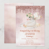 Invitation Licorne Pégase Doré Rose Pailleté avec Gouttes pou (Devant / Derrière)