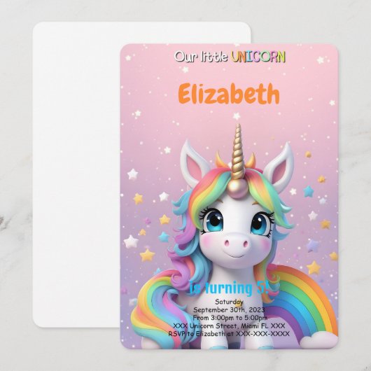 Invitation Licorne pour 5e anniversaire (Devant / Derrière)