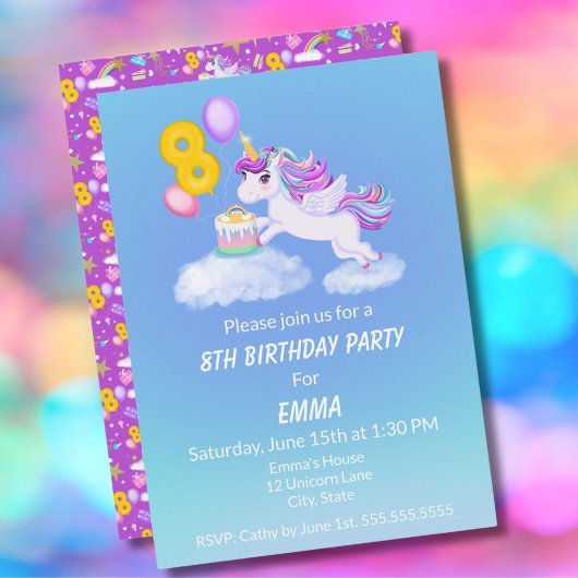 Invitation Licorne pour 8ème Anniversaire avec Gât