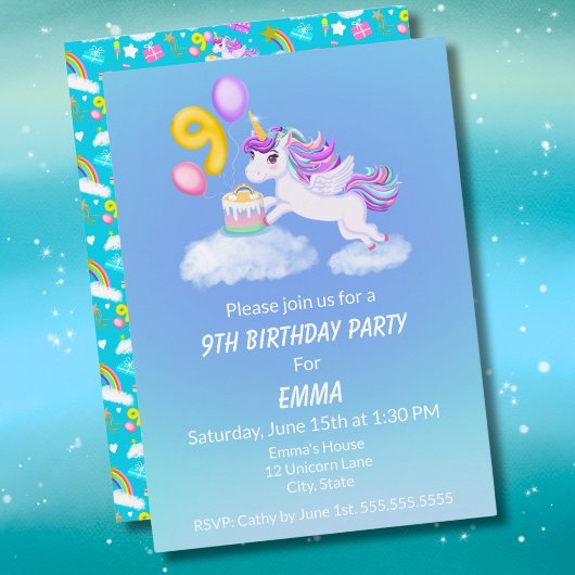 Invitation Licorne pour 9e Anniversaire avec Gâtea
