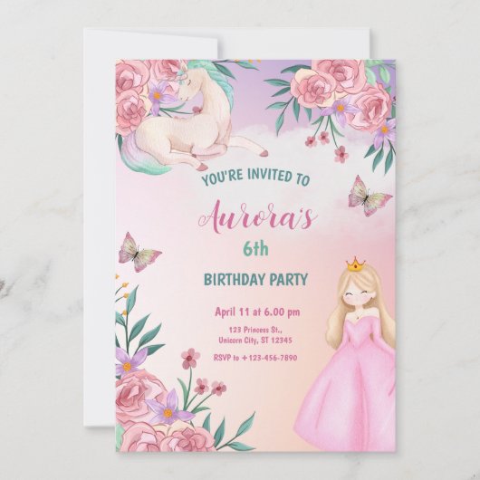 Invitation Licorne Princesse de Conte de Fées Magique (Devant)