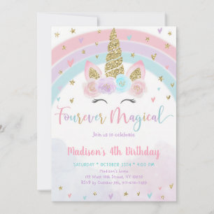 Invitation Licorne Quatrième Anniversaire Arc-en-Ciel Rose