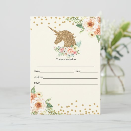 Invitation Licorne Remplir Paillettes Or Rose (Debout devant)