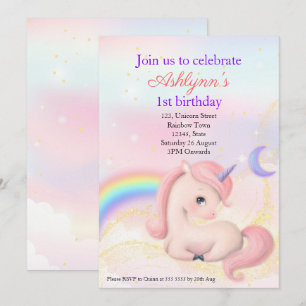 Invitation Licorne rose aquarelle élégante personnalisée