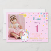 Invitation Licorne Rose Arc-en-ciel avec Photo (Devant)