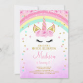 Invitation Licorne Rose avec Étoiles Dorées (Devant)