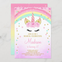Invitation Licorne Rose avec Étoiles Dorées