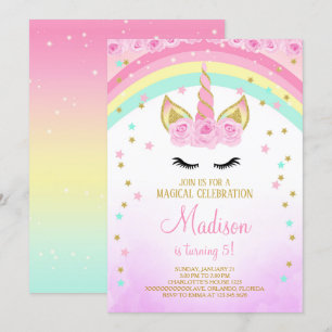 Invitation Licorne Rose avec Étoiles Dorées