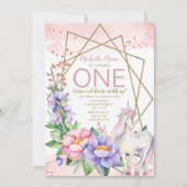 Invitation Licorne Rose Or Fleurie Premier Anniversaire (Devant)
