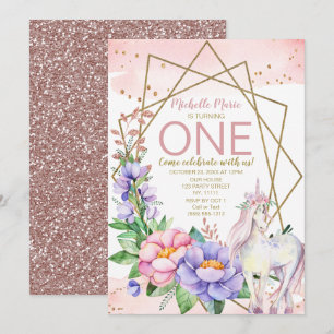 Invitation Licorne Rose Or Fleurie Premier Anniversaire