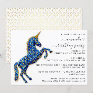 Invitation Licorne Royale Pailletée Or Princesse Cheval Bleu