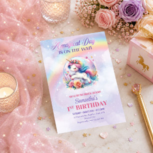 Invitation Licorne scintillante pastel rose violet jour magiq
