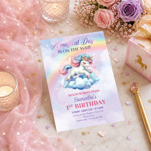 Invitation Licorne scintillante pastel rose violet jour magiq
